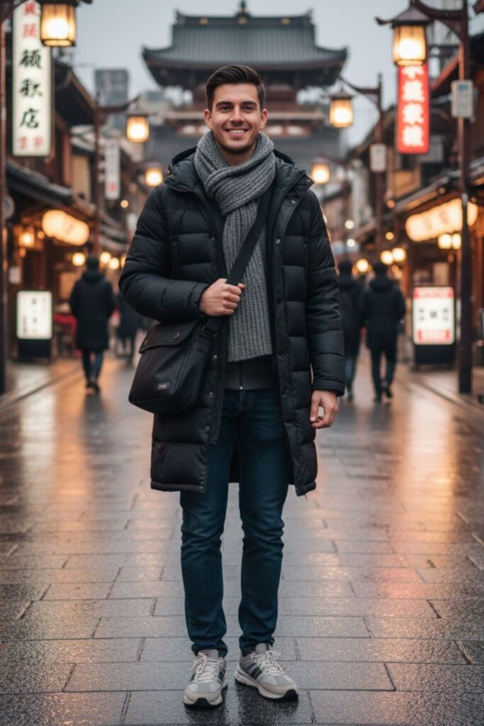 Down coat + heat-tech base layer + wool scarf + tapered jeans + winter sneakers