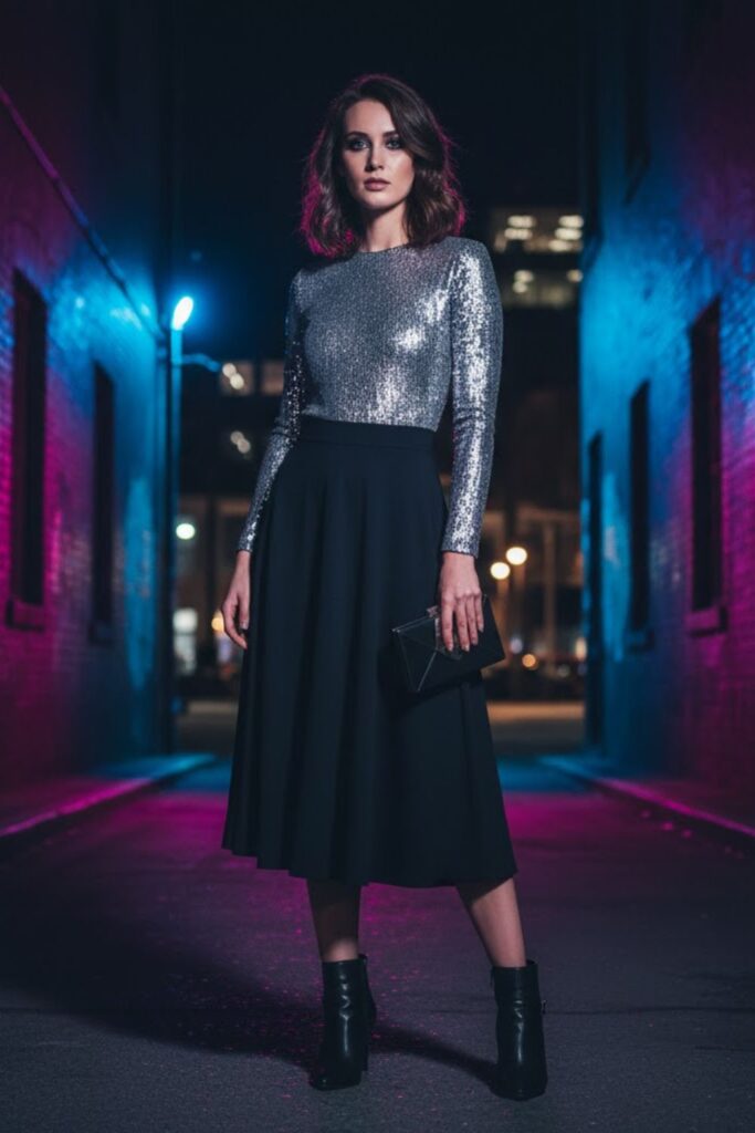  Metallic Bodysuit, Black A-Line Skirt, Heeled Boots, Clutch Bag