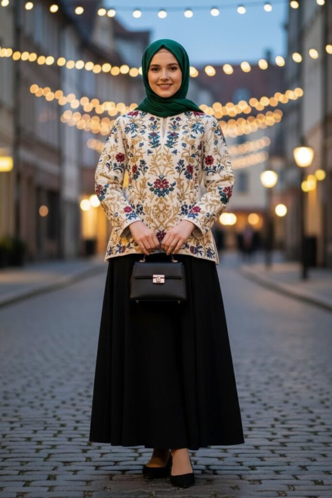 Embroidered Top, Black Skirt, Pointed Flats, Complementary Hijab