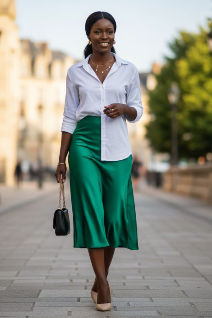 Emerald Satin Skirt with White Button-Down and Gold Accessories