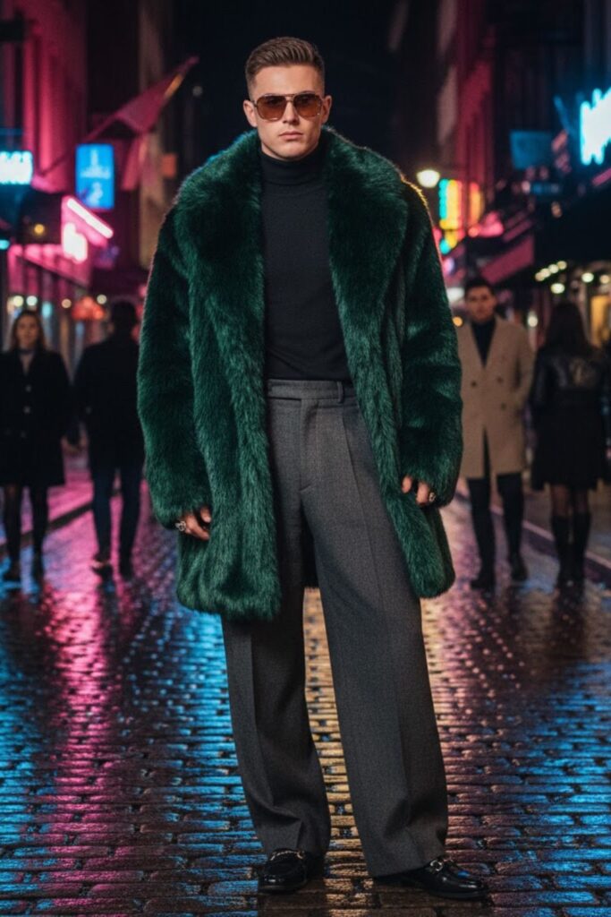 Faux Fur Coat with Turtleneck and Wide-Leg Pants