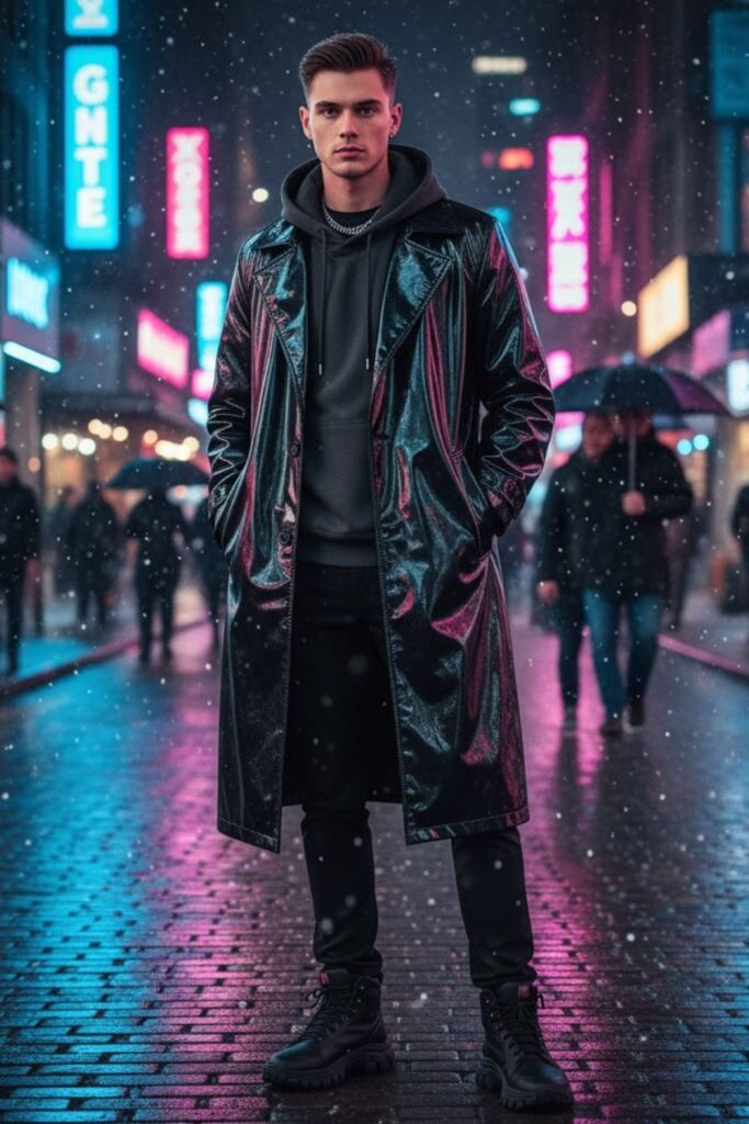 Faux Leather Trench with Hoodie and Slim Pants