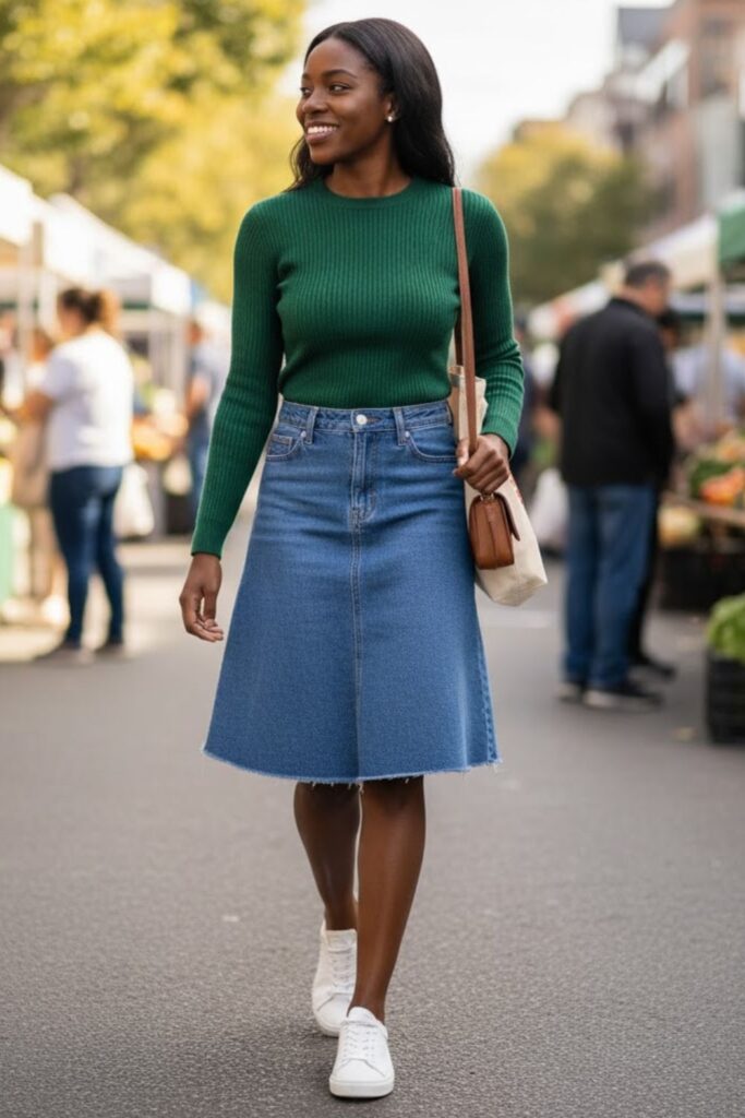 Fitted Sweater with Denim Skirt