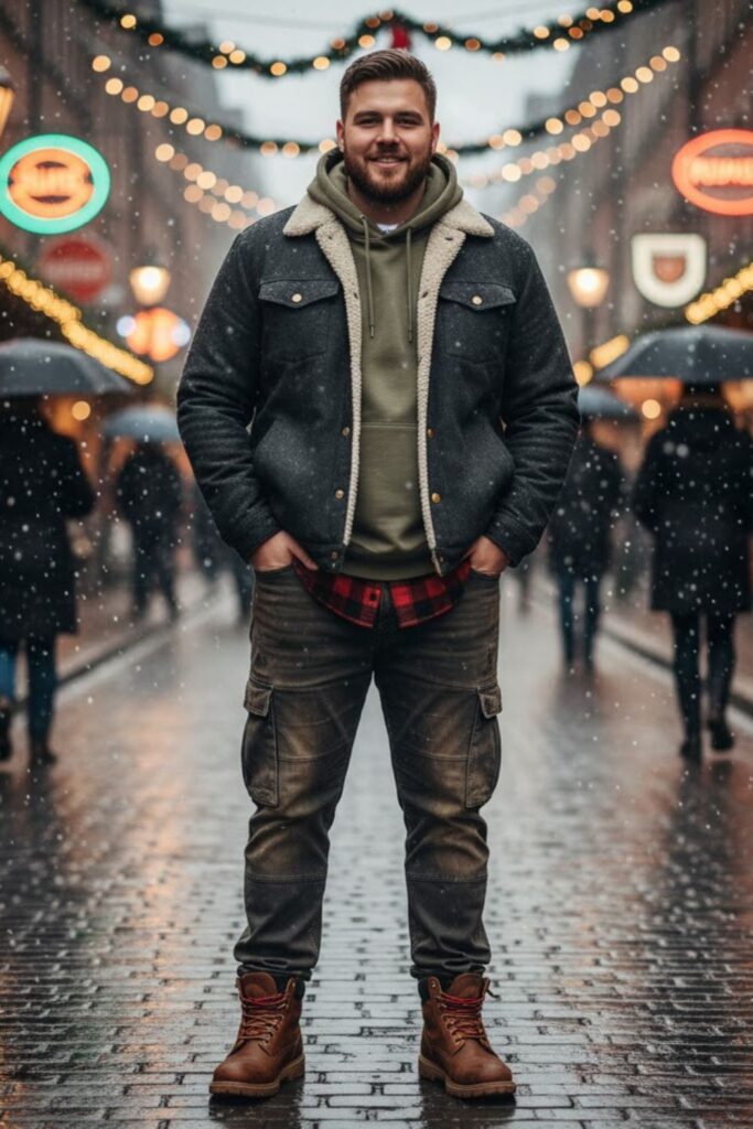 Flannel Jacket with Hoodie and Cargo Jeans