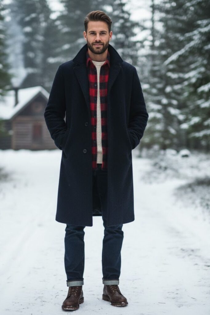 Flannel Shirt Layered with Overcoat