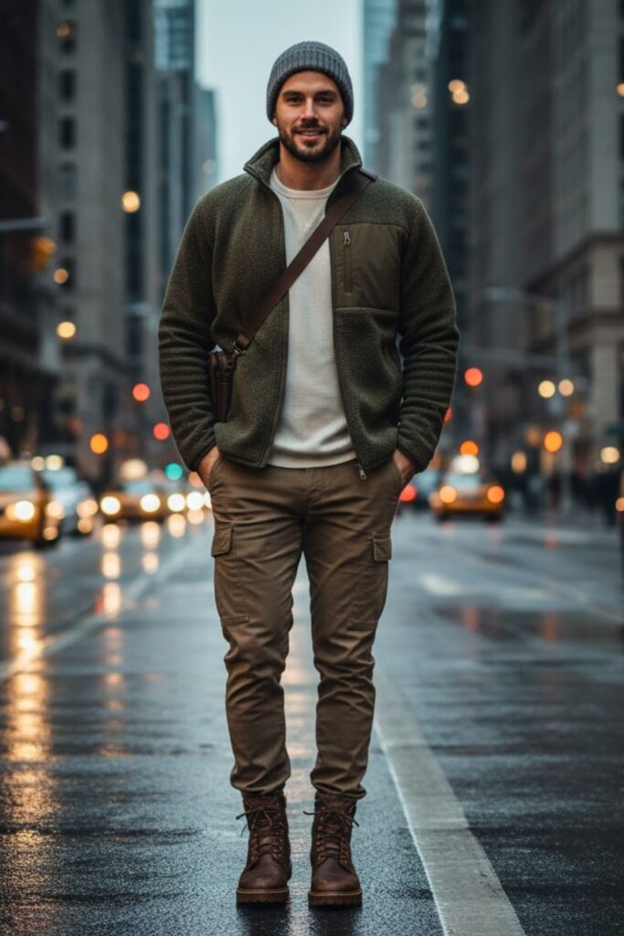 Fleece Jacket with Cargo Pants and Boots
