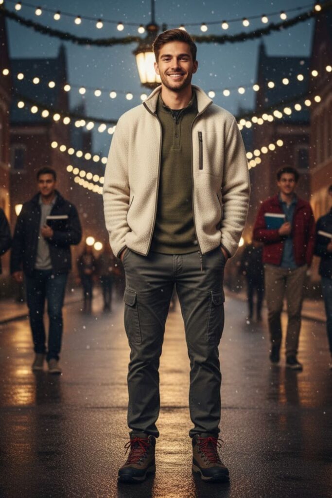 Fleece Jacket with Henley Shirt and Cargo Pants