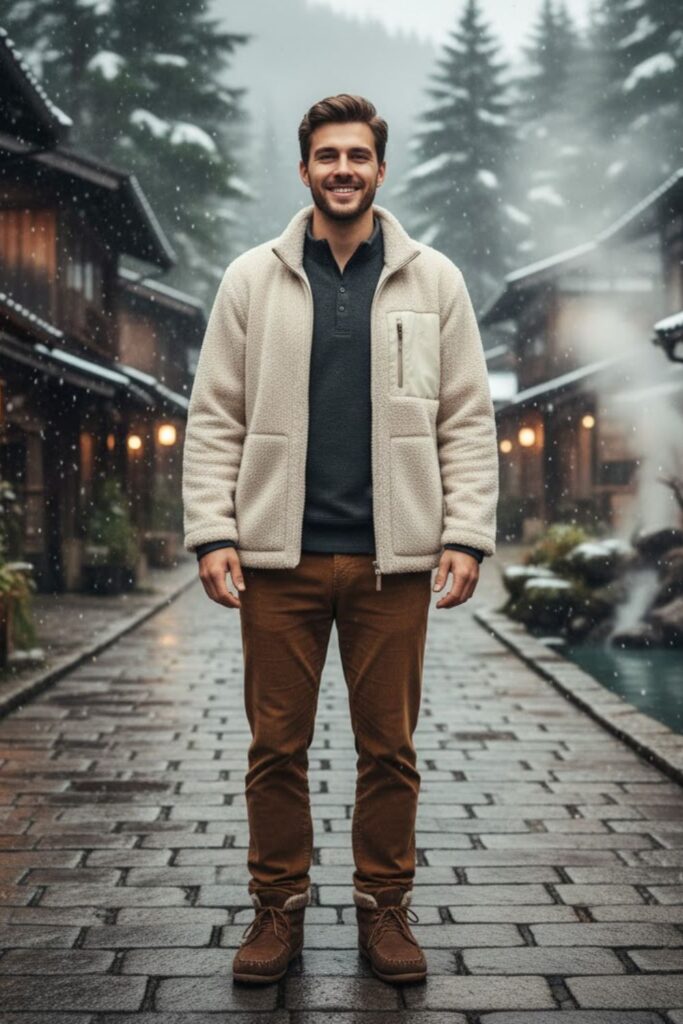 Fleece haori jacket + corduroy pants + winter moc boots