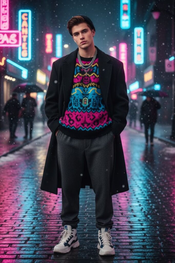 Graphic Sweater with Oversized Coat and Beanie