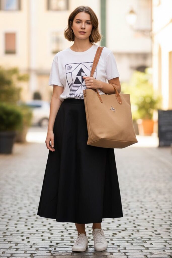 Graphic Tee, Black A-Line Skirt, White Sneakers, Tote Bag