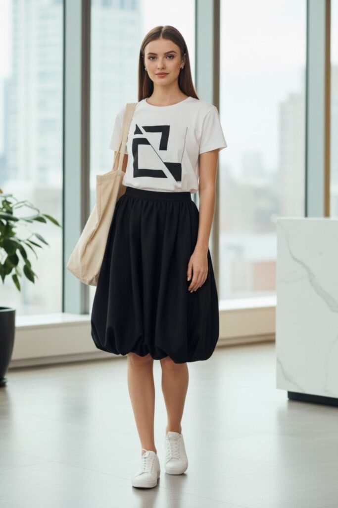 Graphic Tee, Black Balloon Skirt, White Sneakers, Tote Bag