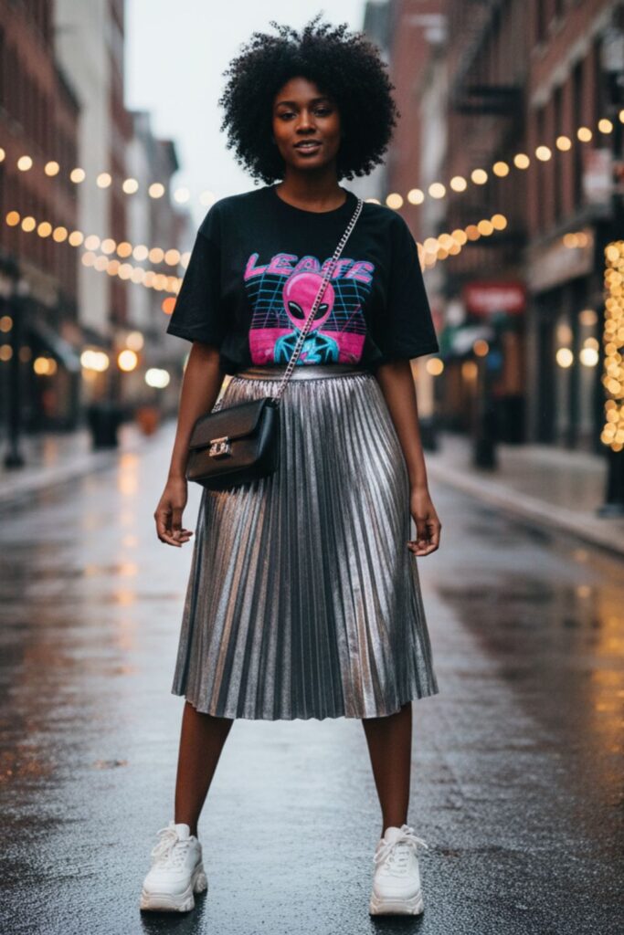Graphic Tee, Silver Mini Skirt, Sneakers, Crossbody Bag
