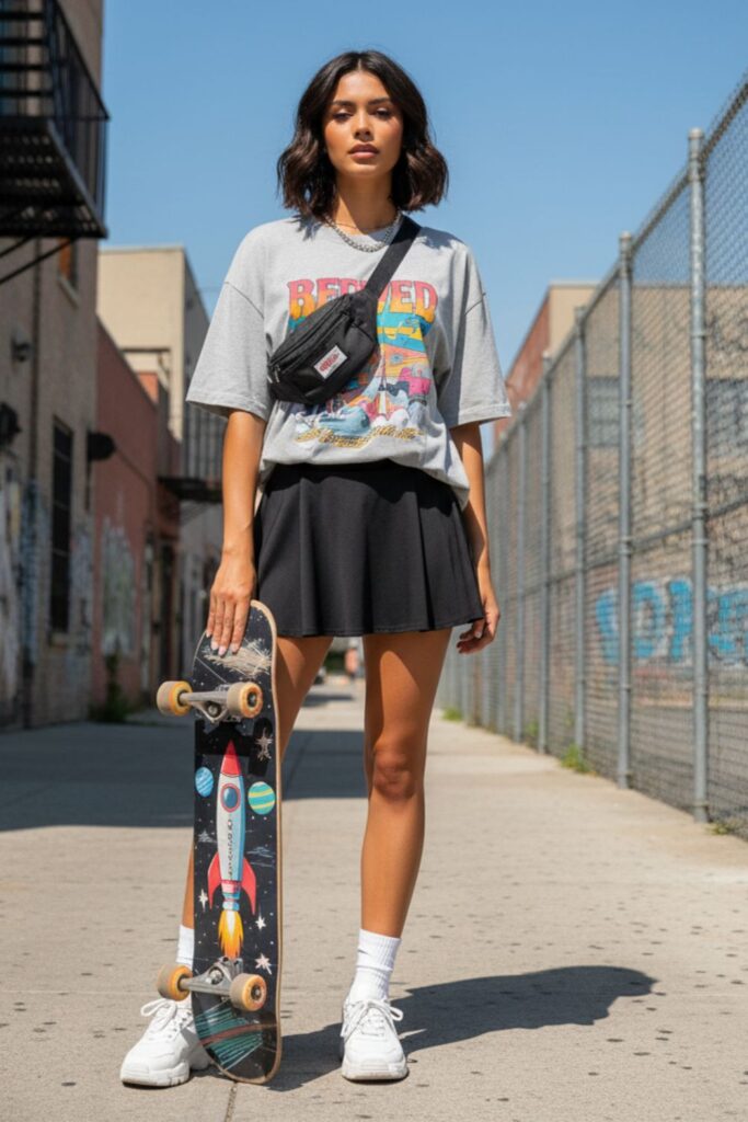 Graphic Tee with Black Tennis Skirt