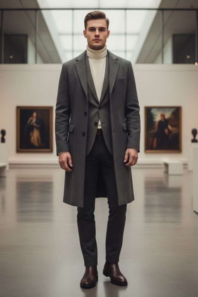 Gray Blazer with Turtleneck and Overcoat