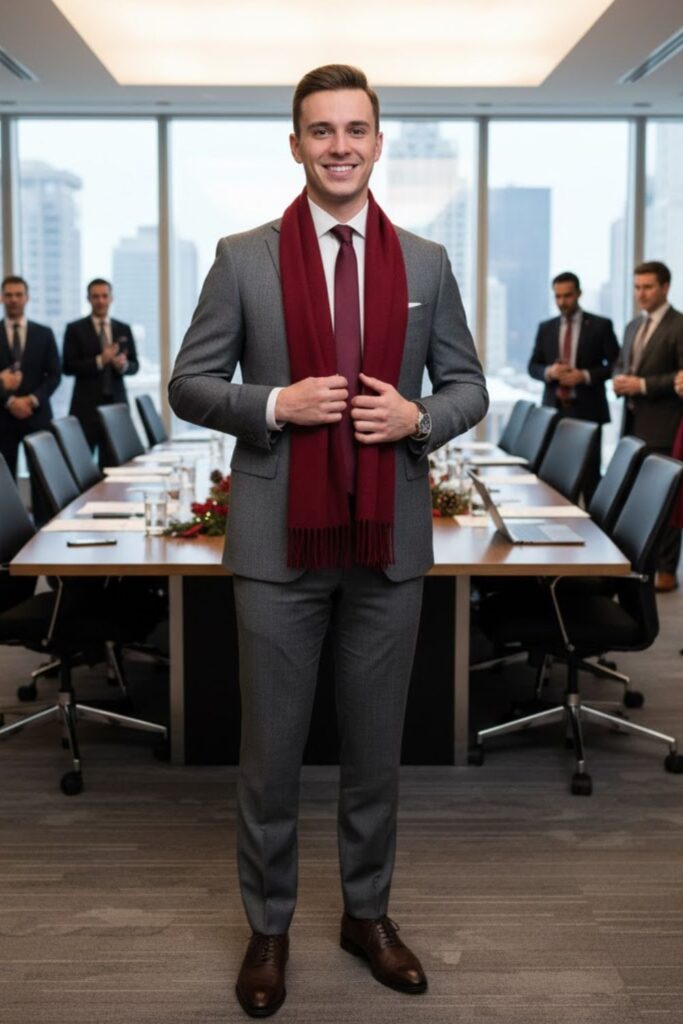 Gray Flannel Suit with Cashmere Scarf