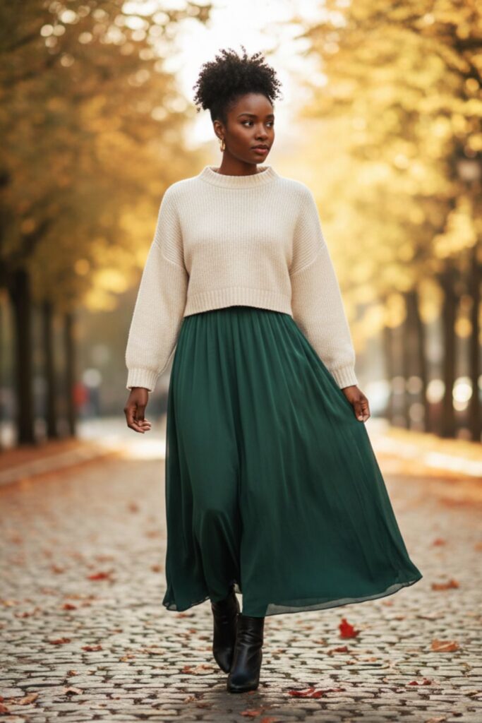 Green Maxi Skirt with Cropped Sweater and Ankle Boots