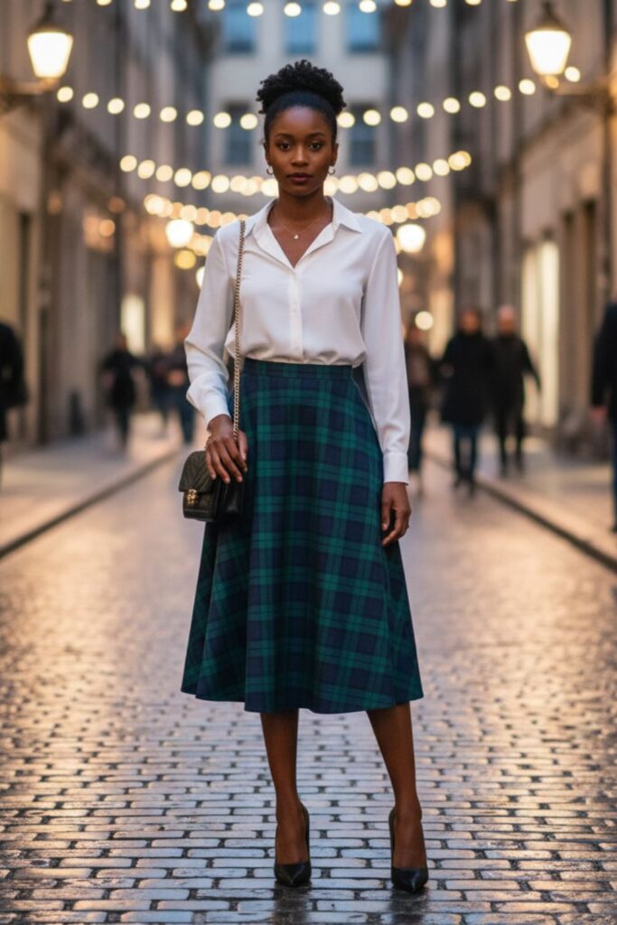 Green Plaid Skirt with White Blouse and Pointed Heels