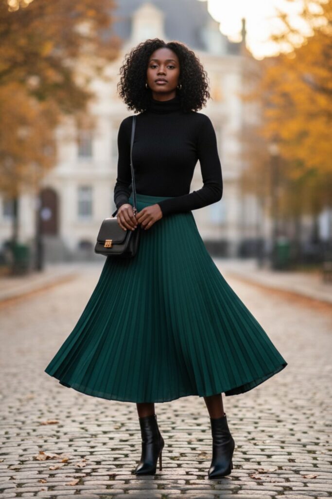 Green Pleated Skirt with Black Turtleneck and Heeled Boots