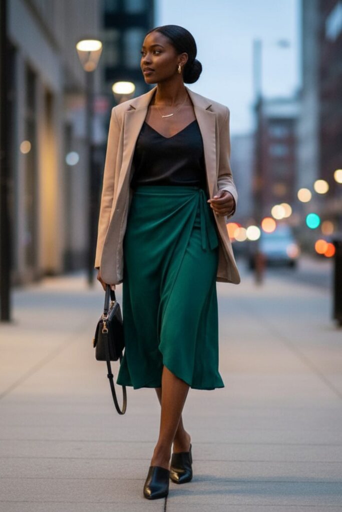 Green Wrap Skirt with Satin Camisole and Blazer