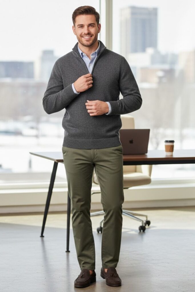 Half-Zip Sweater with Collared Shirt and Slacks