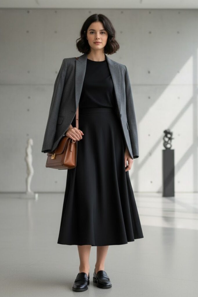 Halter Neck Top, Black A-Line Skirt, Strappy Heels, Metallic Clutch