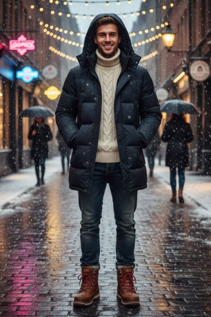 Hooded Down Coat with Sweater and Thermal Jeans