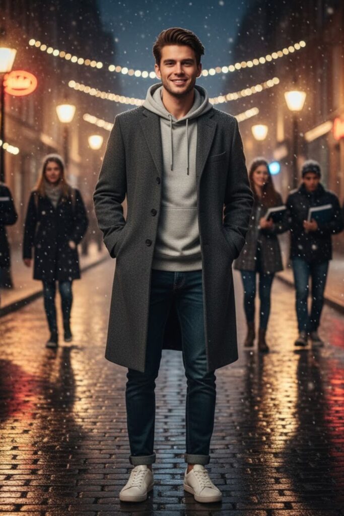 Hoodie with Overcoat and Sneakers