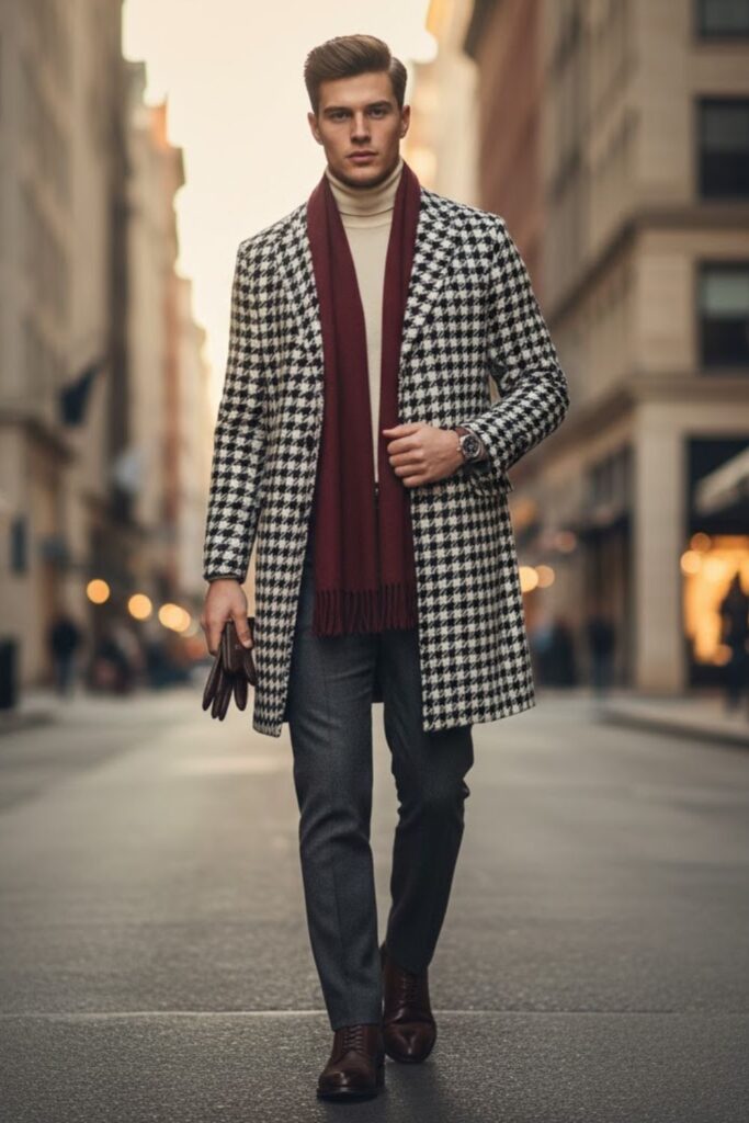 Houndstooth Coat with Wool Scarf and Dress Pants