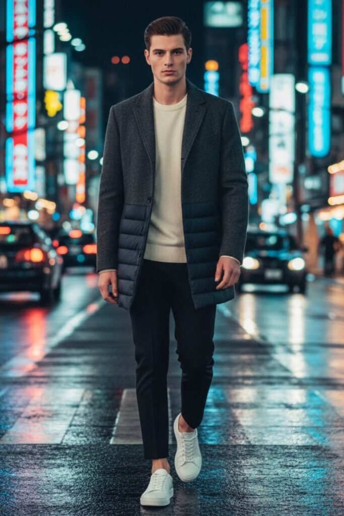 Hybrid coat (puffer panel + wool body) + crewneck sweater + cropped slacks + minimalist sneakers
