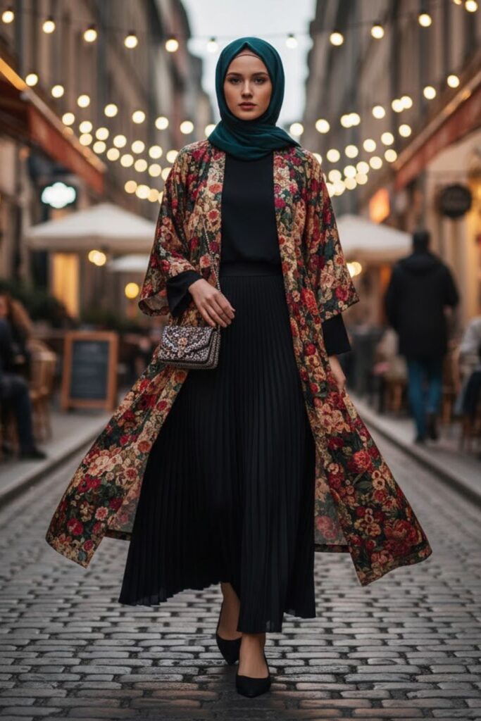 Kimono Jacket, Black Pleated Skirt, Flats, Complementary Hijab