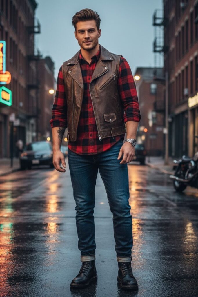 Leather Vest with Plaid Shirt and Denim
