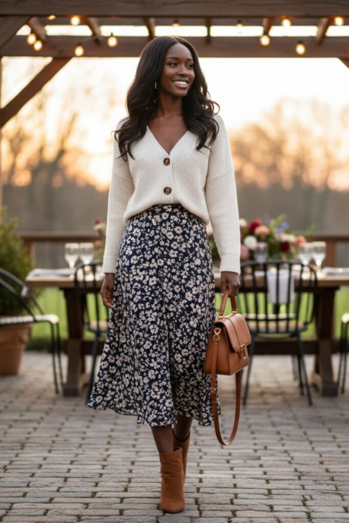 Knit Cardigan Sweater with Midi Skirt