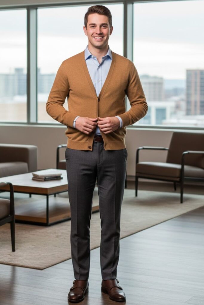 Knit Cardigan with Button-Up Shirt and Dress Pants