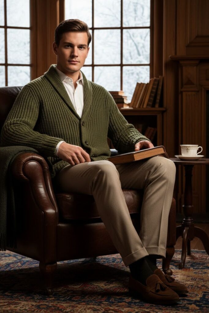 Knit Cardigan with Dress Shirt and Tailored Pants