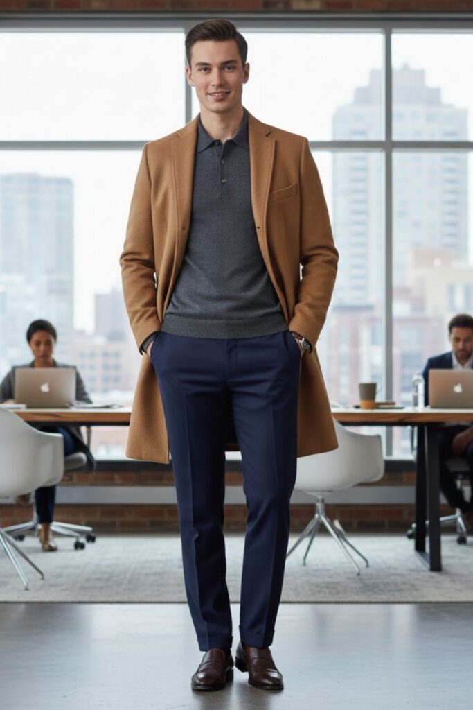 Knit Polo with Dress Slacks and Coat
