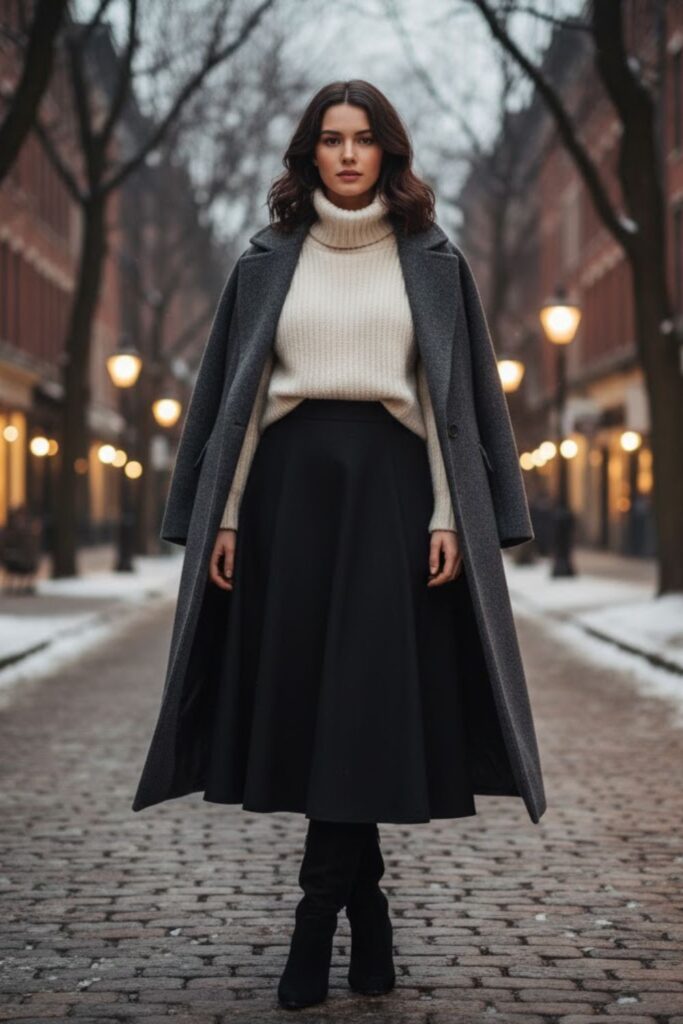 Knit Sweater, Black A-Line Skirt, Knee-High Boots, Oversized Coat