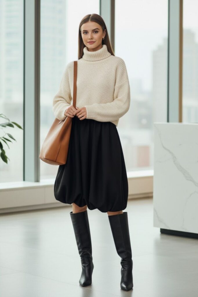 Knit Sweater, Black Balloon Skirt, Knee-High Boots, Tote Bag
