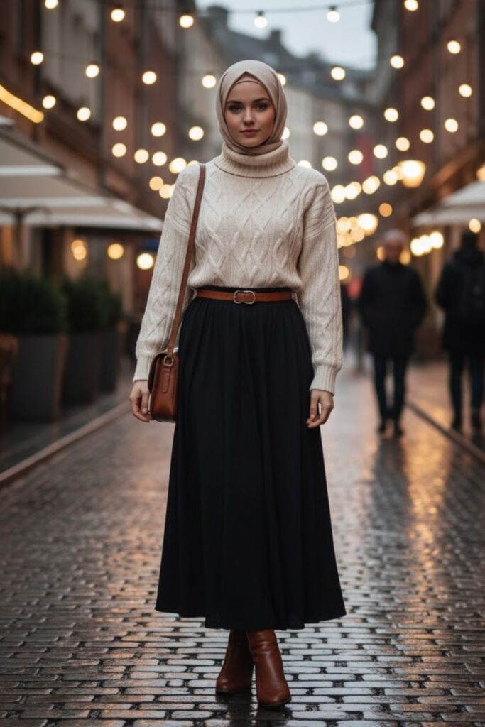 Knit Sweater, Black Maxi Skirt, Ankle Boots, Neutral Hijab