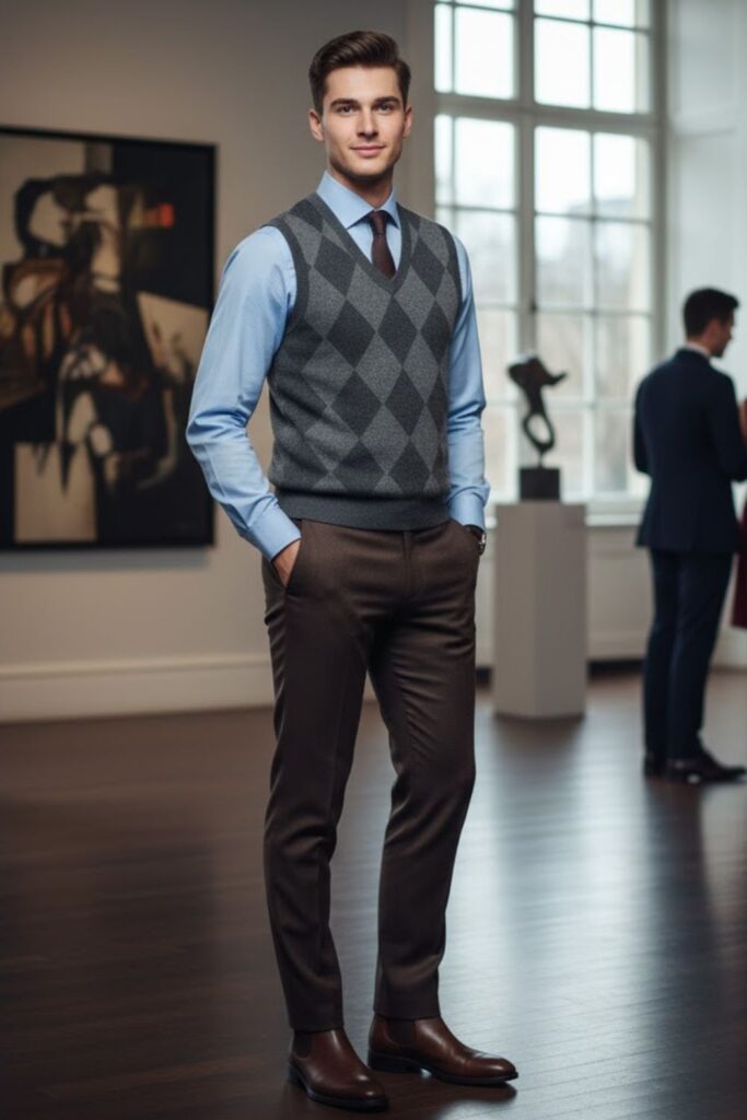 Knit Vest with Button-Up Shirt and Wool Pants