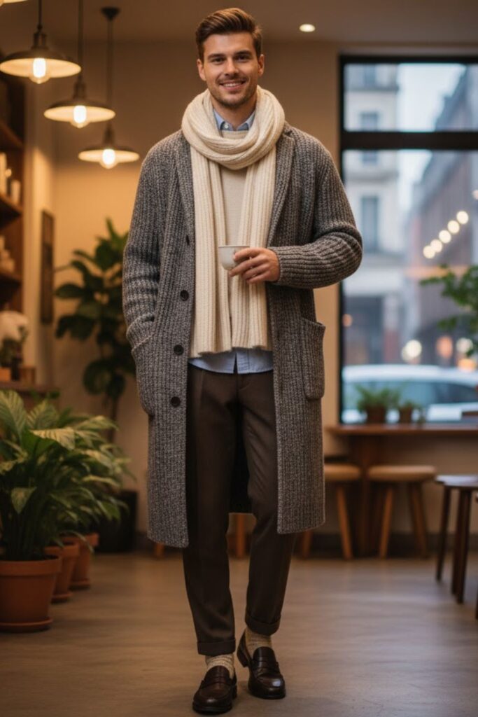 Knit cardigan coat + oxford shirt + pleated trousers + loafers