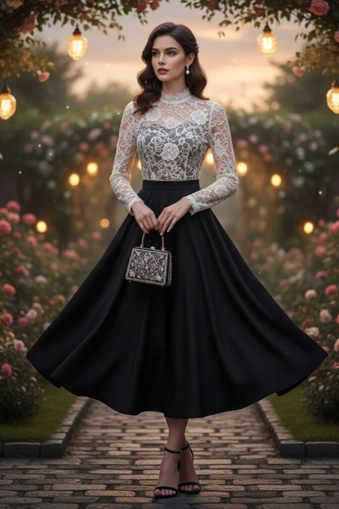 Lace Blouse, Black A-Line Skirt, Heeled Sandals, Mini Handbag