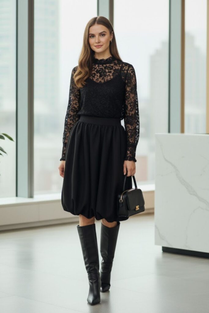 Lace Blouse, Black Balloon Skirt, Heeled Booties, Mini Handbag