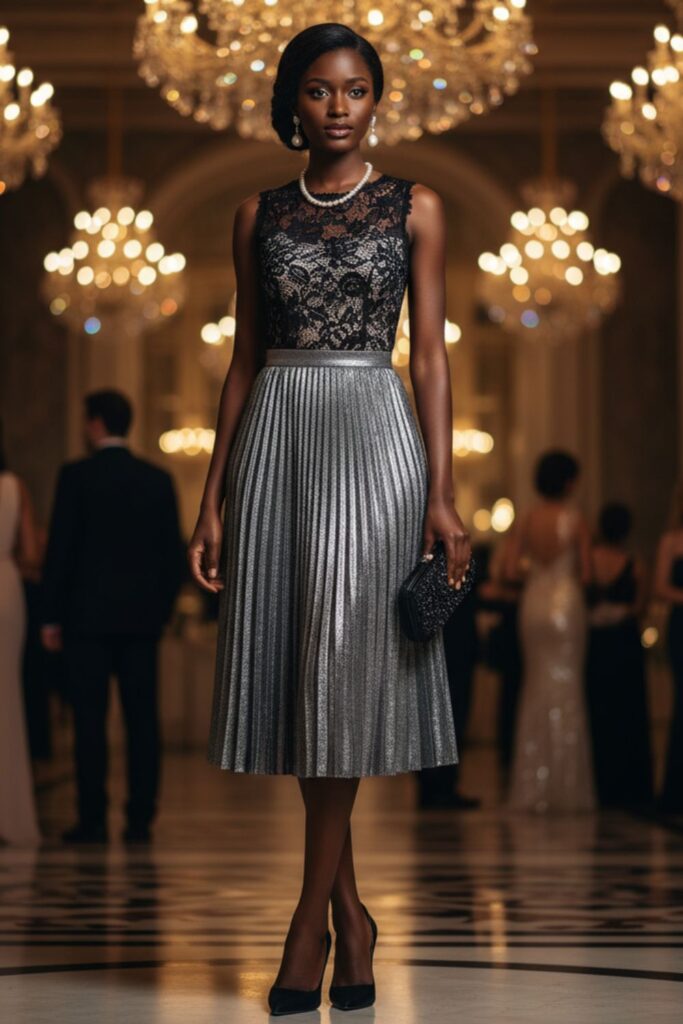 Lace Blouse, Silver Skirt, Pointed-Toe Pumps, Pearl Earrings