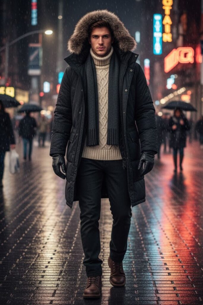 Layered Winter Parka with Knit Scarf
