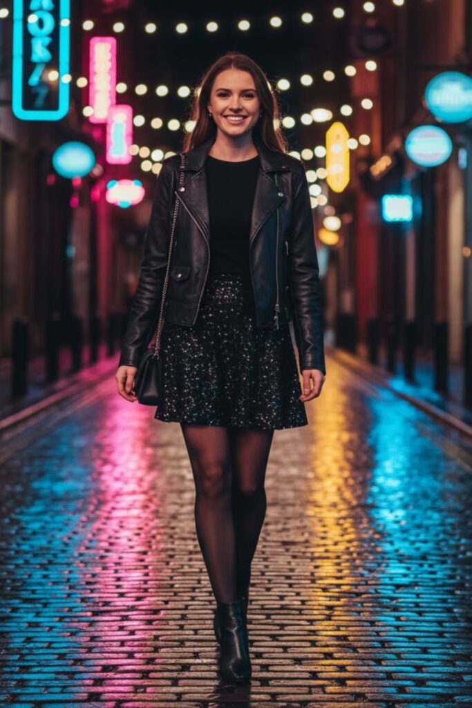 Leather Jacket, Black Glitter Skirt, Ankle Boots, Crossbody Bag