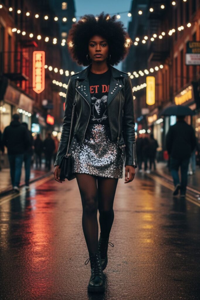 Leather Jacket, Silver Skirt, Ankle Boots, Crossbody Bag