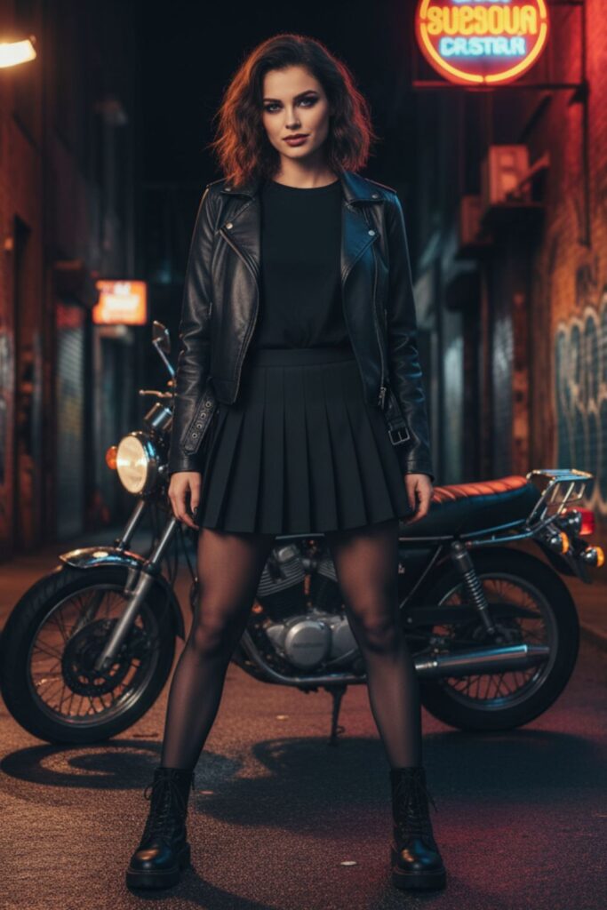 Leather Jacket with Black Tennis Skirt