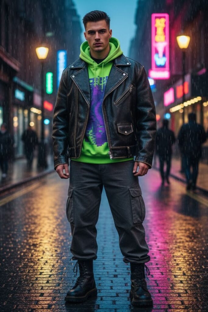Leather Jacket with Hoodie and Cargo Pants