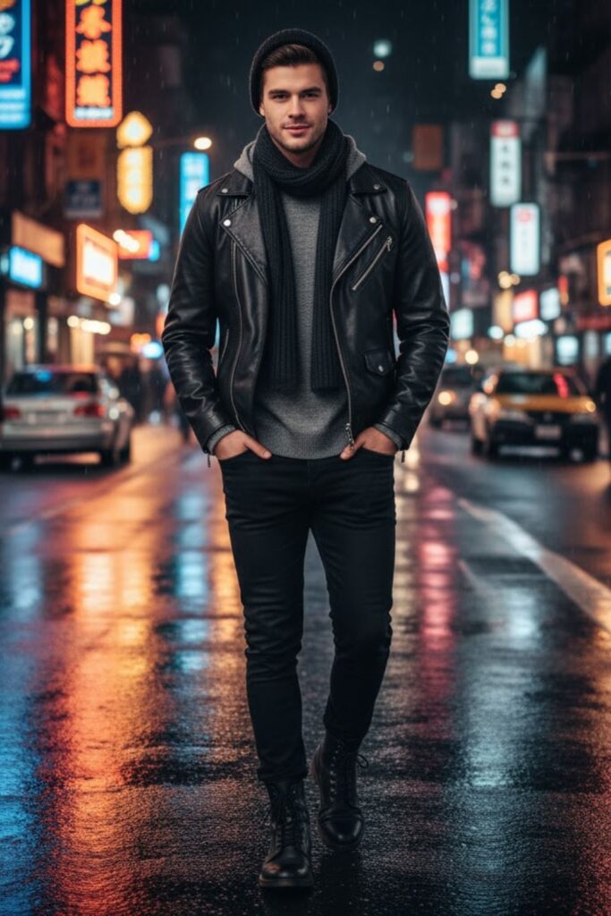 Leather Jacket with Knit Hoodie