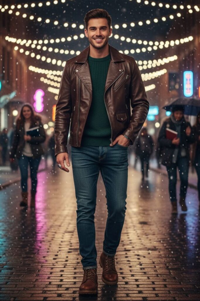 Leather Jacket with Knit Sweater and Dark Jeans